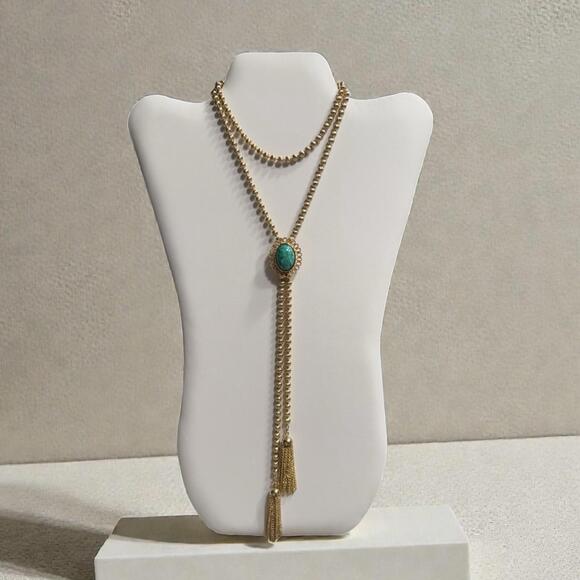 1973 DeLizza & Elster for Avon Ming Green 36" Pendant Tassel Necklace NOS w/ Box - Picture 2 of 9